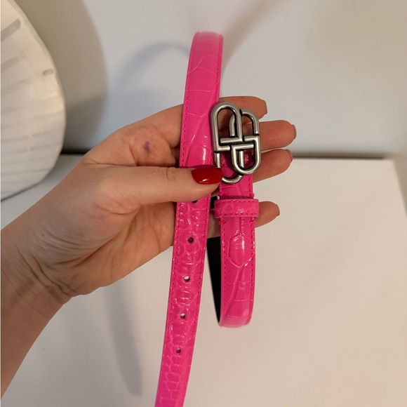 Balenciaga , BB Logo Pink Crocodile Embossed Croc Belt Hot Pink 85cm - Picture 2 of 3